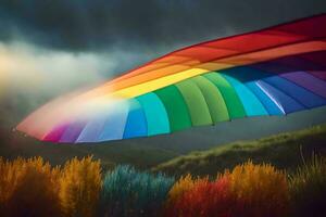 un' arcobaleno colorato aquilone volante nel il cielo. ai-generato foto