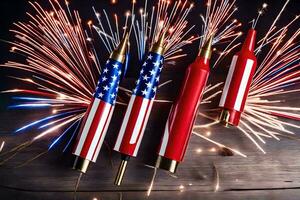 fuochi d'artificio e un' rosso, bianca e blu americano bandiera. ai-generato foto