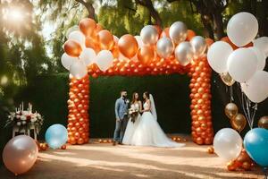 un' sposa e sposo in piedi sotto un arco di palloncini. ai-generato foto