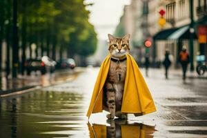 un' gatto indossare un' giallo capo su un' piovoso strada. ai-generato foto