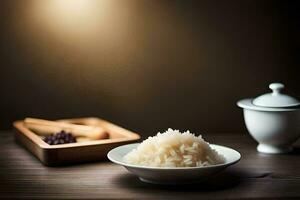 un' ciotola di riso e un' di legno ciotola su un' tavolo. ai-generato foto