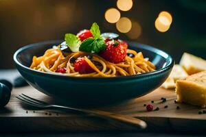 un' piatto di pasta con pomodori e basilico le foglie. ai-generato foto