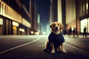 un' cane indossare un' giacca si siede su il strada a notte. ai-generato foto