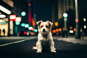 un' cane seduta su il strada a notte. ai-generato foto