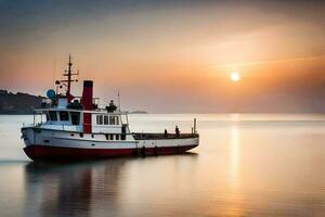 un' rosso e bianca barca nel il acqua a tramonto. ai-generato foto