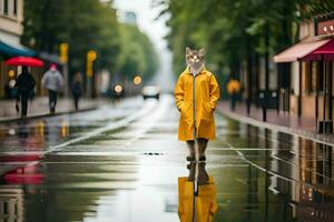 un' gatto nel un' giallo impermeabile in piedi su un' bagnato strada. ai-generato foto