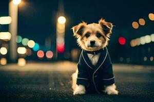 un' cane nel un' completo da uomo e cravatta seduta su il strada a notte. ai-generato foto