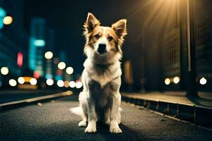 un' cane seduta su il strada a notte. ai-generato foto