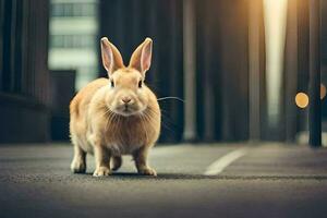 un' coniglio è in piedi su il strada nel davanti di un' costruzione. ai-generato foto