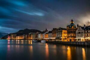 il città di bergen, Norvegia a notte. ai-generato foto