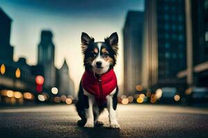 un' cane indossare un' rosso veste in piedi su il strada. ai-generato foto