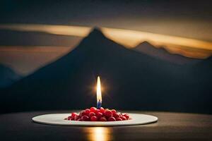 un' candela è illuminato su un' piatto con frutti di bosco. ai-generato foto