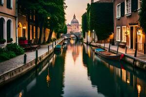 un' canale nel Venezia con Barche e edifici. ai-generato foto