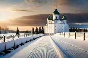 un' Chiesa nel il neve con un' strada principale per esso. ai-generato foto