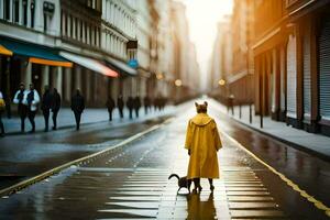 un' donna nel un' giallo impermeabile a piedi sua cane giù un' strada. ai-generato foto