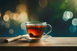 un' tazza di tè su un' di legno tavolo con un' bokeh sfondo. ai-generato foto