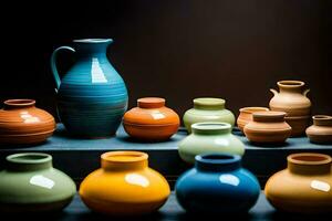 un' collezione di colorato vasi e brocche. ai-generato foto