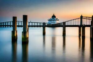 un' faro sta su il acqua a tramonto. ai-generato foto