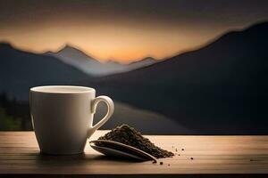 caffè tazza e un' tazza di caffè su un' tavolo con montagne nel il sfondo. ai-generato foto