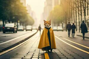 un' Volpe vestito nel un' giallo capo passeggiate giù un' città strada. ai-generato foto