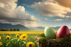 Pasqua uova nel un' cestino su un' soleggiato giorno. ai-generato foto