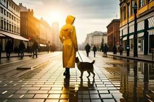 un' donna nel un' giallo impermeabile e cane a piedi su un' strada. ai-generato foto