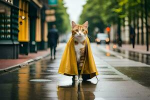 un' gatto indossare un' giallo impermeabile su un' piovoso strada. ai-generato foto