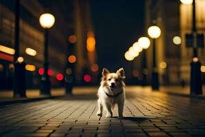 un' cane in piedi su un' mattone strada a notte. ai-generato foto