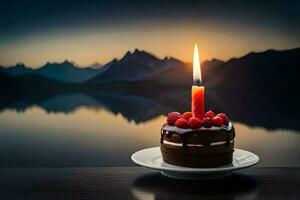 un' cioccolato torta con un' singolo candela su superiore. ai-generato foto