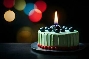 un' compleanno torta con un' candela su esso. ai-generato foto