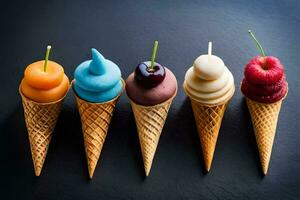 cinque ghiaccio crema coni con diverso colori e condimenti. ai-generato foto