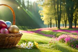 Pasqua uova nel un' cestino su un' erboso campo. ai-generato foto
