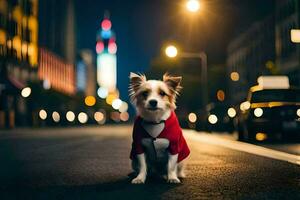 un' cane indossare un' rosso camicia su il strada a notte. ai-generato foto