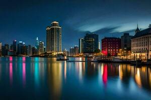 il città orizzonte a notte nel dubai. ai-generato foto