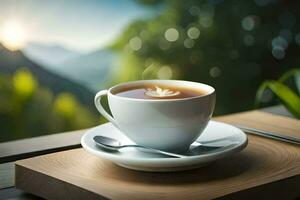 un' tazza di caffè su un' tavolo con un' Visualizza di il montagne. ai-generato foto