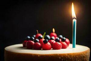 un' compleanno torta con frutti di bosco e un' illuminato candela. ai-generato foto