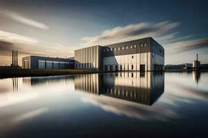 un' fabbrica edificio con un' riflessione nel il acqua. ai-generato foto