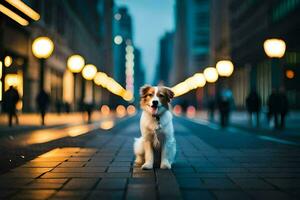un' cane seduta su il strada nel un' città a notte. ai-generato foto