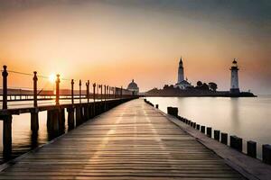 un' molo con un' faro a tramonto. ai-generato foto