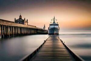 un' barca attraccato a il molo a tramonto. ai-generato foto