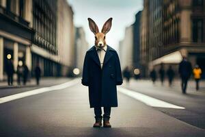un' coniglio indossare un' cappotto e cravatta in piedi nel il mezzo di un' città strada. ai-generato foto