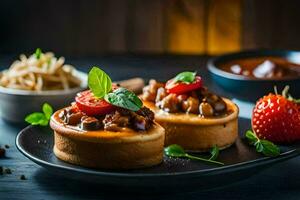 Due mini pizze con carne e salsa su un' nero piatto. ai-generato foto