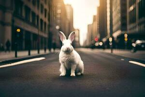 bianca coniglio su il strada. ai-generato foto