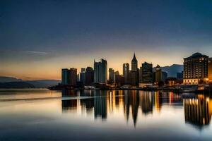 il città orizzonte è riflessa nel il acqua a tramonto. ai-generato foto