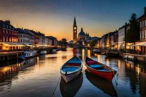 Due Barche siamo attraccato nel un' canale a tramonto. ai-generato foto