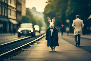un' coniglio nel un' completo da uomo e cravatta in piedi su un' treno traccia. ai-generato foto