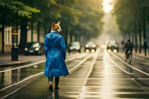 un' Volpe nel un' blu cappotto a piedi giù un' strada. ai-generato foto