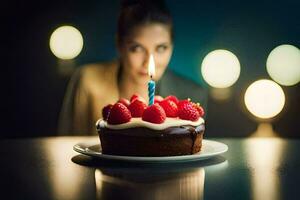 un' donna è guardare a un' torta con un' singolo candela. ai-generato foto