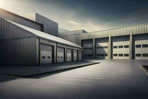 un' grande industriale edificio con Due box auto porte. ai-generato foto