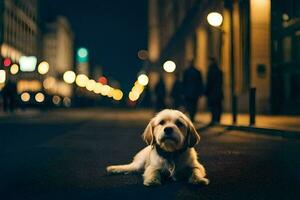 un' cane seduta su il strada a notte. ai-generato foto